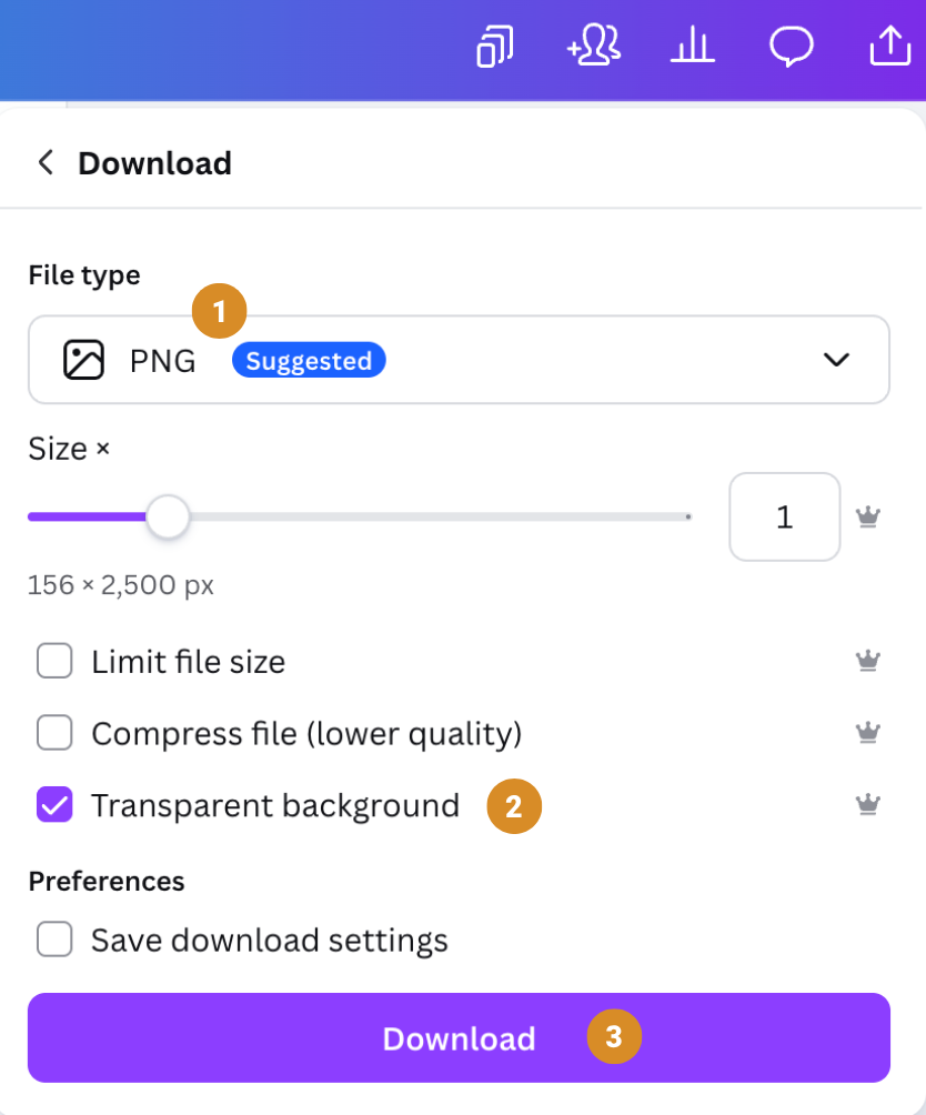 Canva Download panel with PNG file type and transparent background option