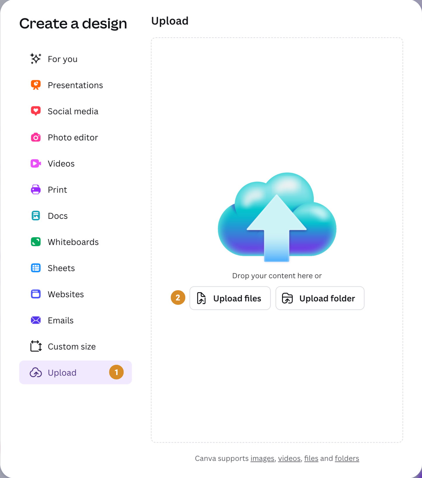 Canva Upload panel for dropping in the template file